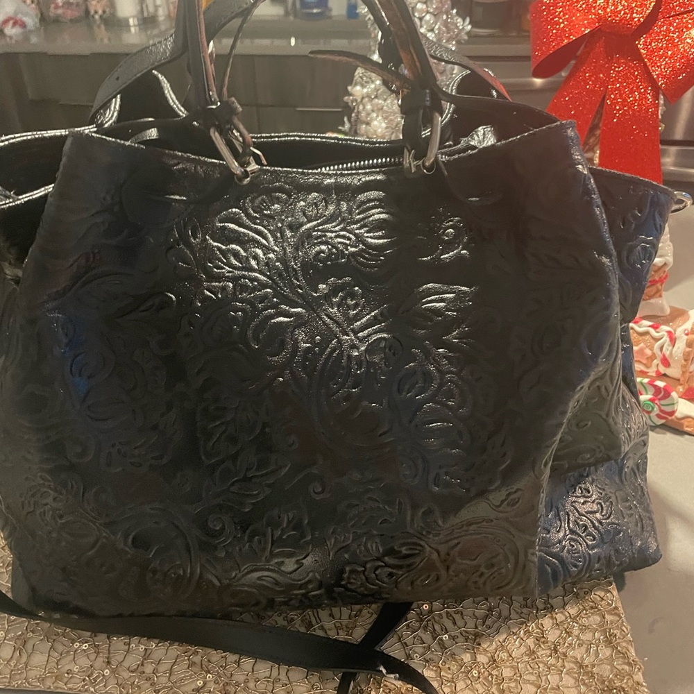 Embossed Black Leather Satchel with Top Handles - Picture 5 of 9